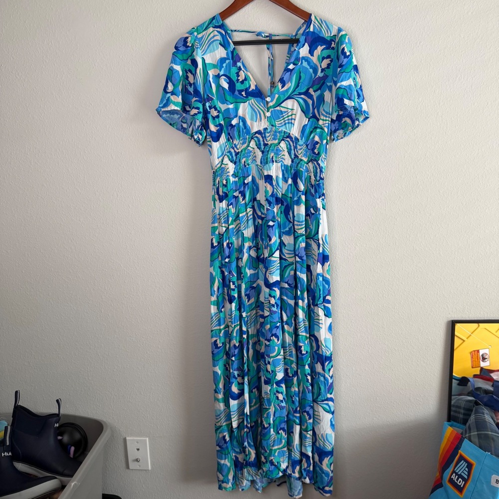 Anthropologie Abel The Label Blue Floral Smocked Maxi Dress Medium Tropical Boho